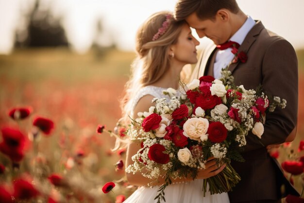 La mariée et le marié tenant le bouquet alors qu'ils se tiennent dans un champ de fleurs sauvages