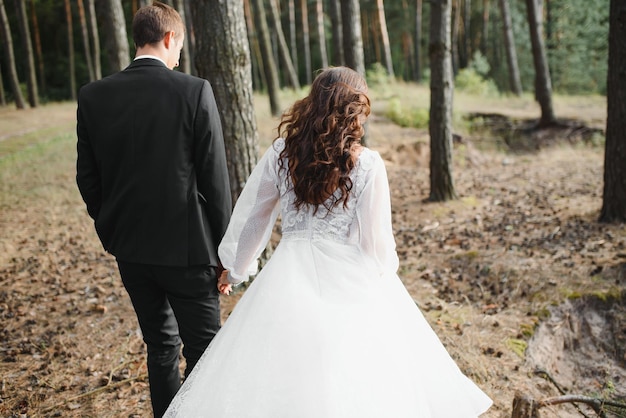 La mariée et le marié traversent la forêt main dans la main. Heureuse mariée et le marié se tenant la main et marchant dans la forêt le jour du mariage.