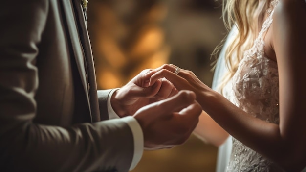 Une mariée met une alliance à son doigt