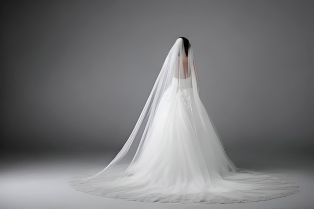 Une mariée par derrière dans une longue robe de mariée blanche dans un studio isolé sur fond gris