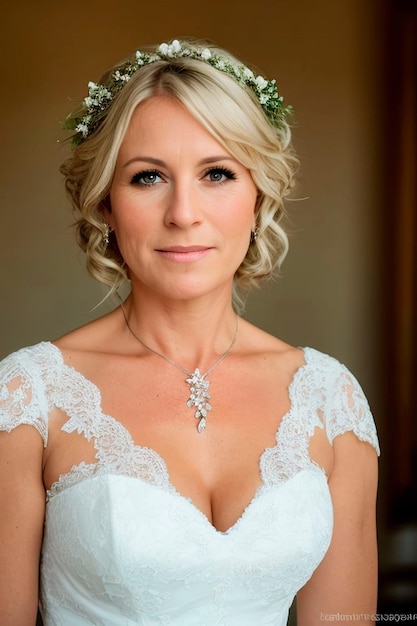 Mariée portant une couronne de fleurs pour son mariage