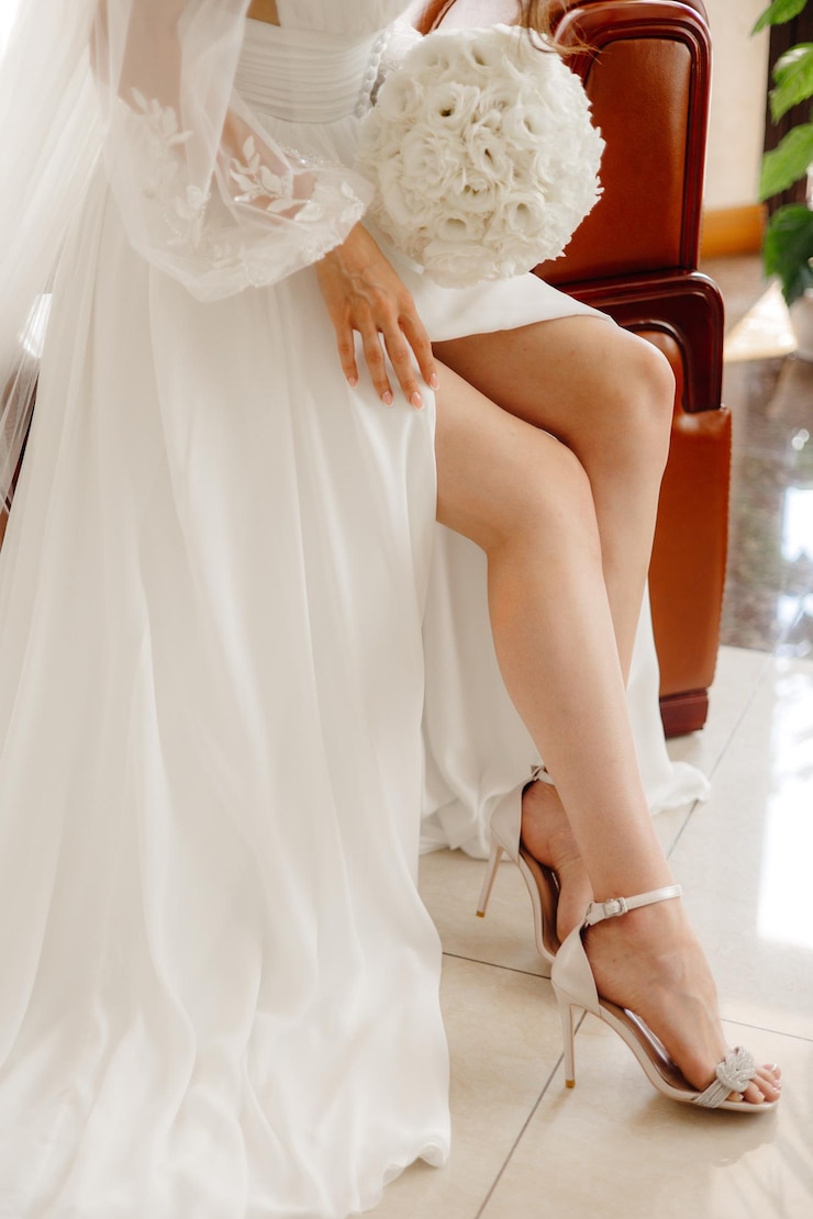 Photo une mariée portant une robe de mariée blanche avec un bouquet de fleurs sur ses genoux