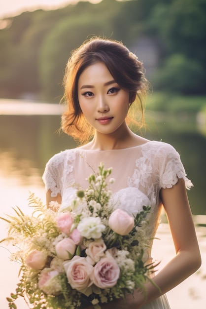 Une mariée pose devant un lac avec un bouquet de fleurs.