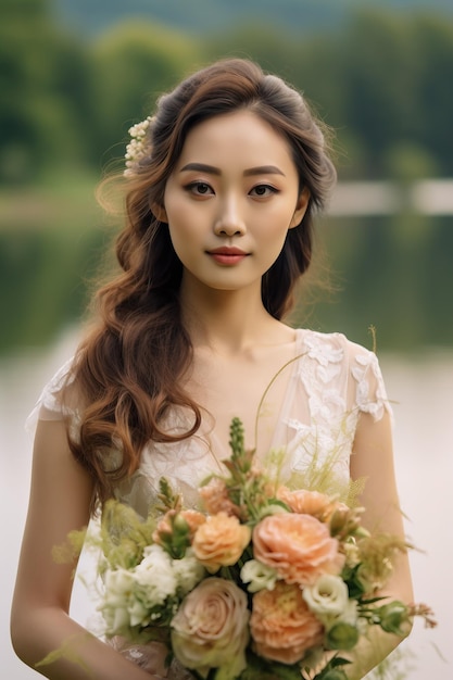 Une mariée pose devant un lac avec un bouquet de fleurs.