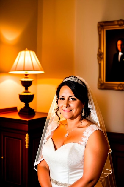 Une mariée pose pour une photo dans la chambre d'hôtel.
