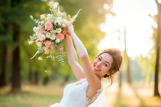 Une mariée rayonnante prête à jeter un bouquet à la réception