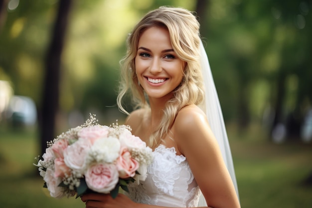 Une mariée en robe de mariée tient un bouquet de fleurs.