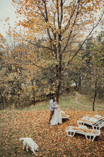 Photo mariée en robe rose pâle et marié en blazer bleu embrassant sur une pelouse verte dans la forêt d'automne