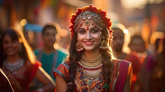 une mariée en robe traditionnelle avec un sourire.