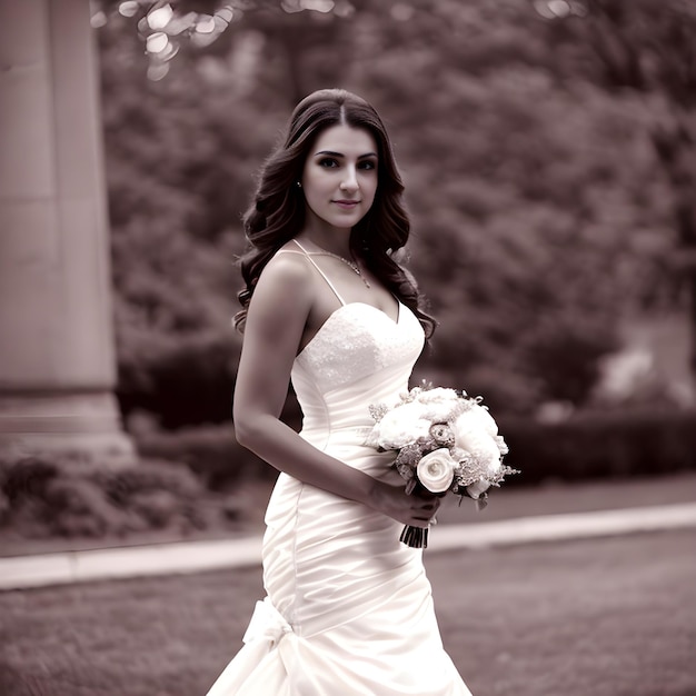 Une mariée se promène dans une robe blanche avec un bouquet de fleurs.