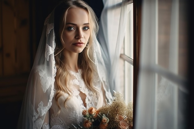 Une mariée se tient devant une fenêtre avec un bouquet de fleurs.