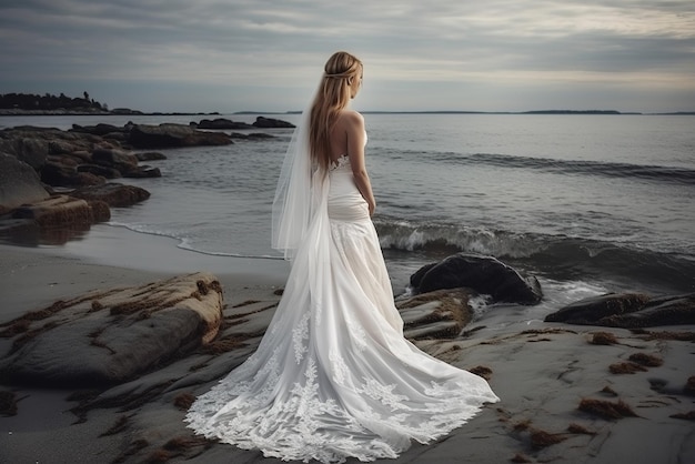 Une mariée se tient sur une plage rocheuse face à la mer.