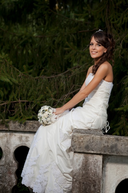 Mariée, séance, pierre, banc, floral, Bouquet