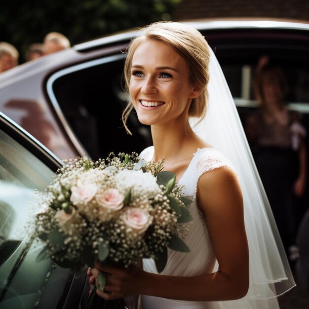 la mariée tenant un bouquet attend le moment de descendre de la voiture pour la cérémonie