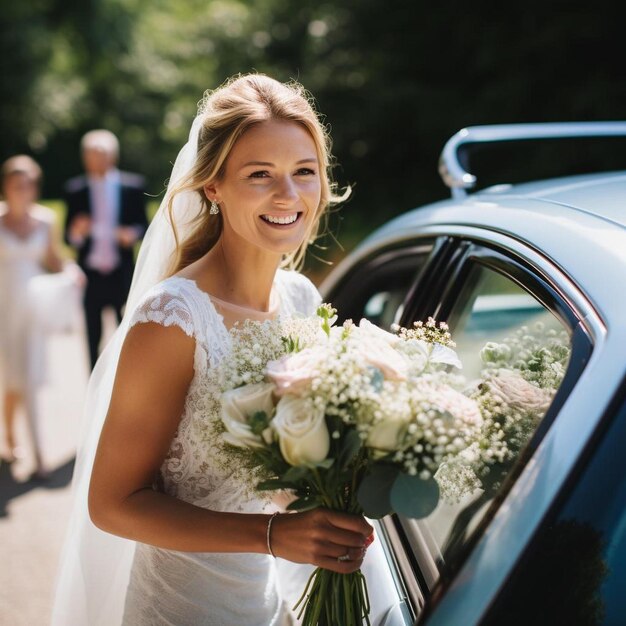 la mariée tenant un bouquet en attendant de descendre de la voiture pour la cérémonie