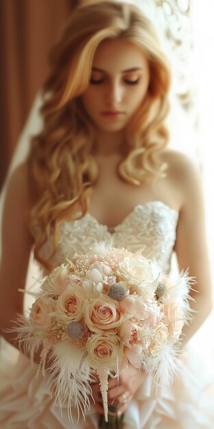 Photo une mariée tenant un bouquet de fleurs et un bouquet à plumes