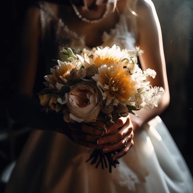 Mariée tenant un bouquet de fleurs dans le noir