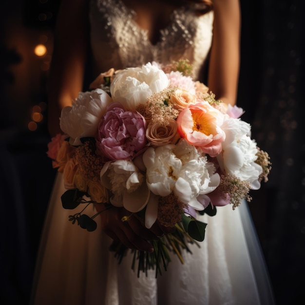 Mariée tenant un bouquet de fleurs dans le noir