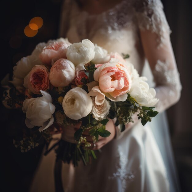 Mariée tenant un bouquet de fleurs dans ses mains