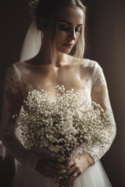 Une mariée tenant un bouquet de fleurs à la main.