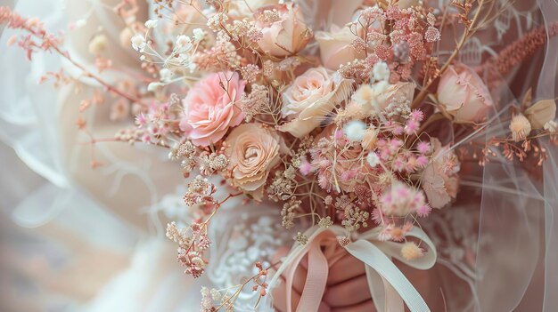 Photo une mariée tenant un bouquet de fleurs roses et blanches