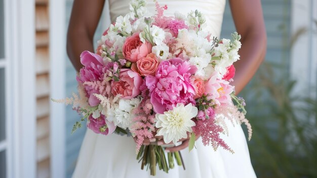 Photo une mariée tenant un bouquet de fleurs roses et blanches