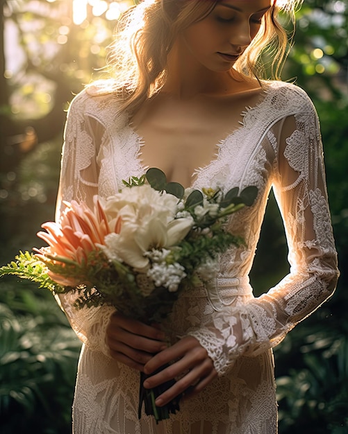 Une mariée tenant un bouquet de fleurs