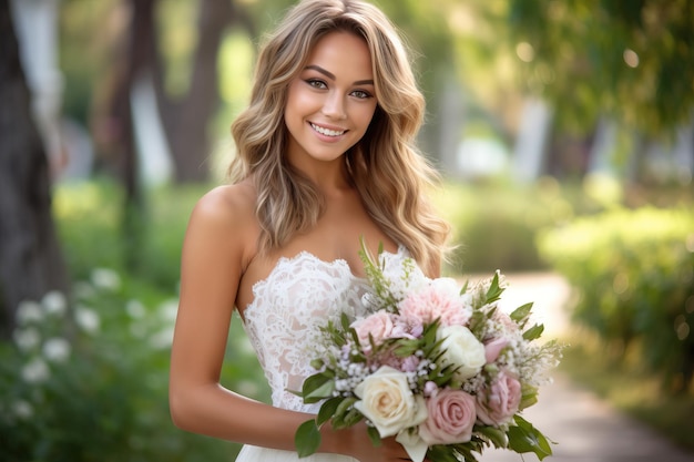 Une mariée tenant un bouquet de fleurs