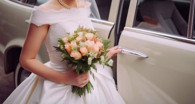 Mariée tenant un bouquet de roses dans la portière de sa voiture.