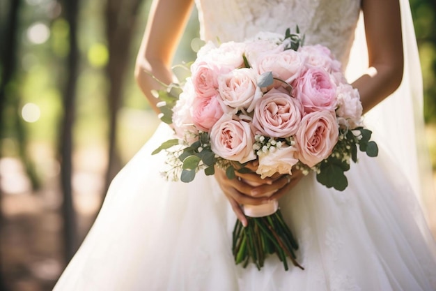 Mariée tenant un bouquet de roses.