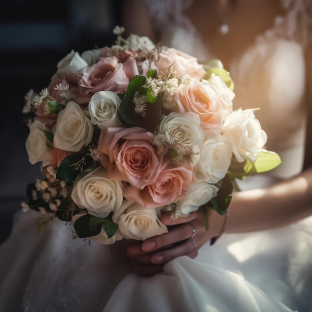 Mariée tenant un bouquet de roses