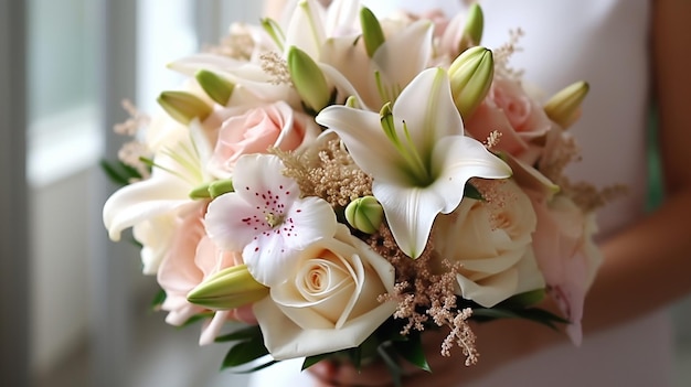 La mariée tient un beau bouquet de mariage de fleurs roses et blanches dans ses mains Generative AI