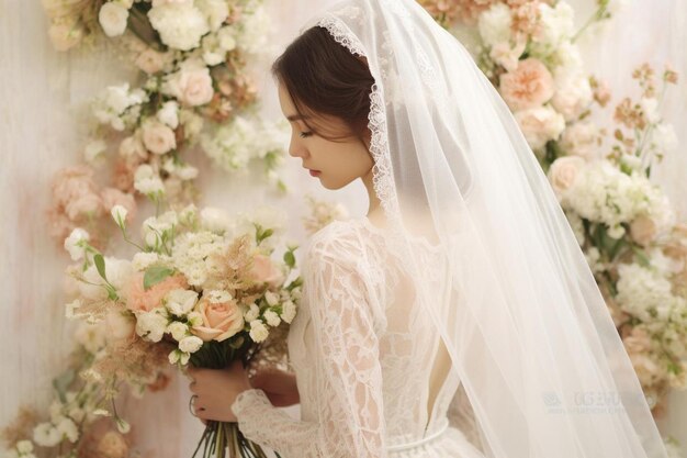 Une mariée tient un bouquet de fleurs dans ses mains.