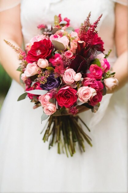 La mariée tient un bouquet de fleurs de mariage époustouflant et vibrant.