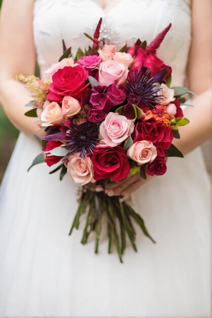 La mariée tient un bouquet de fleurs de mariage époustouflant et vibrant.