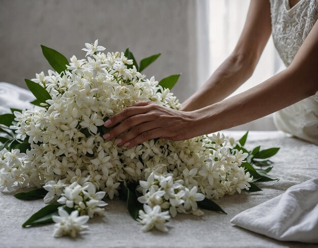 une mariée tient un bouquet de fleurs sur une table