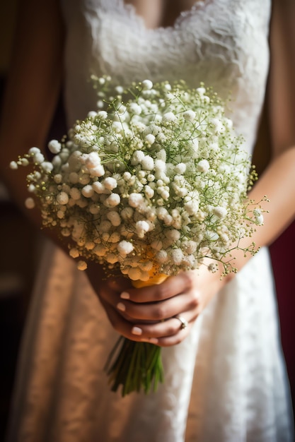 Une mariée tient un bouquet de fleurs.