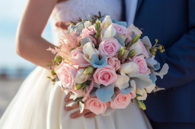 La mariée tient un bouquet de roses, de pivoines et d'eustome.