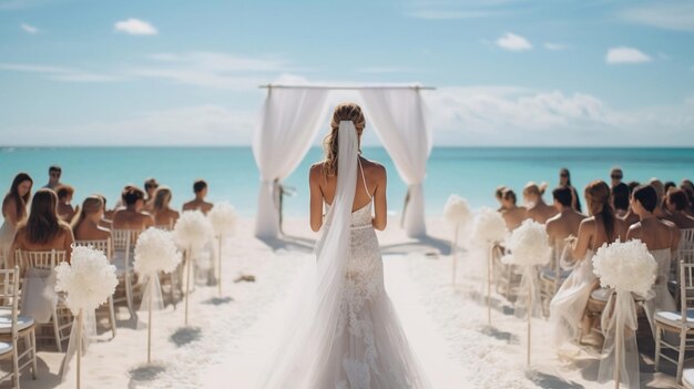 La mariée tourbillonne sur la plage de sable près de l'arche de mariage décorée avec des fleurs. Vue arrière de la jeune mariée