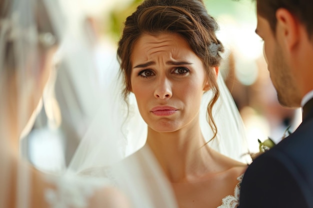 Photo la mariée triste et inquiète pleure et se dispute avec le marié le jour du mariage.
