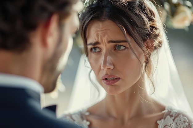 Photo la mariée triste et inquiète pleure et se dispute avec le marié le jour du mariage.