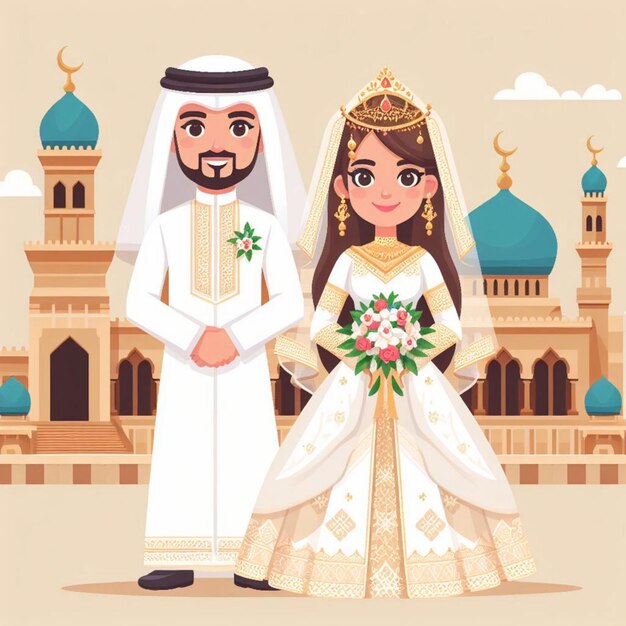Les mariés arabes vectoriels avec une robe traditionnelle en design vectoriel plat ont été générés.