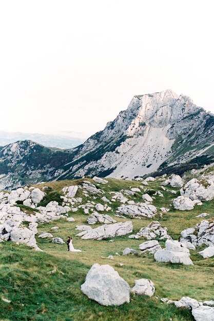 Les mariés se tiennent parmi d'énormes rochers gris dans un drone de vallée de montagne