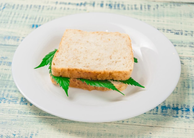 Marijuana et aliments Un sandwich aux feuilles de marijuana L'utilisation du cannabis dans la fabrication d'aliments Le concept d'augmentation de l'appétit après avoir consommé de la marijuana