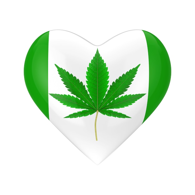 La marijuana médicale ou la feuille de chanvre de cannabis comme icône de coeur sur un fond blanc. Rendu 3D