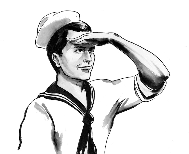 Photo marin de la marine. dessin noir et blanc à l'encre