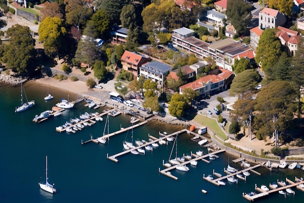 Photo une marina avec des bateaux et des maisons sur l'eau et une maison avec un toit rouge