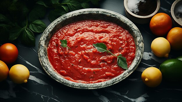 Photo marinara vue d'en haut centrée sur une table en granit blanc