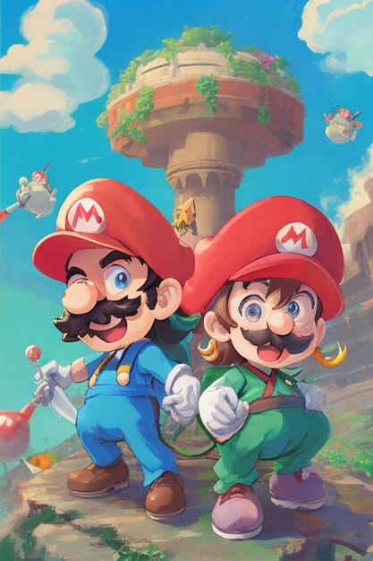 Mario Bros comme un style de dessin animé d'anime japonais inspiré par Studio Ghiblis