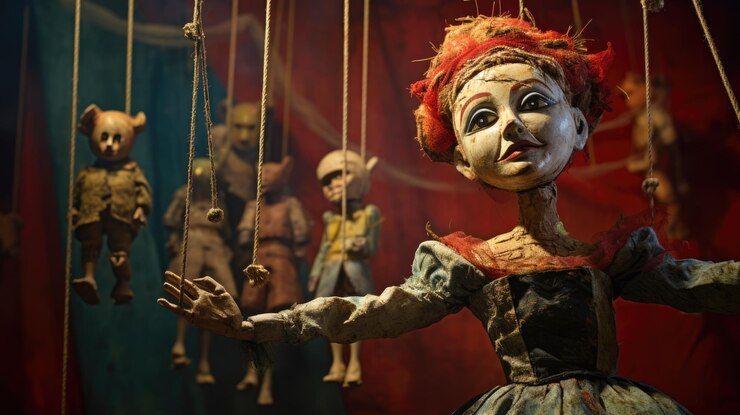 Marionette théâtrale arrière-plan dramatique poupée de porcelaine sombre IA